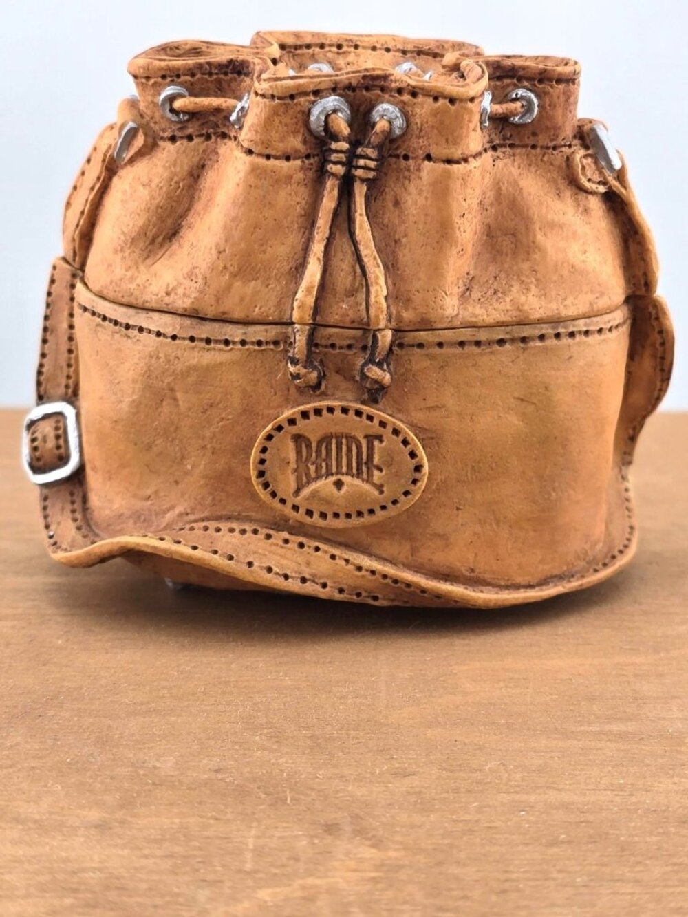 Vintage Raine Miniature Leather Bag Sculpture With Drawstring & Buckle Accents